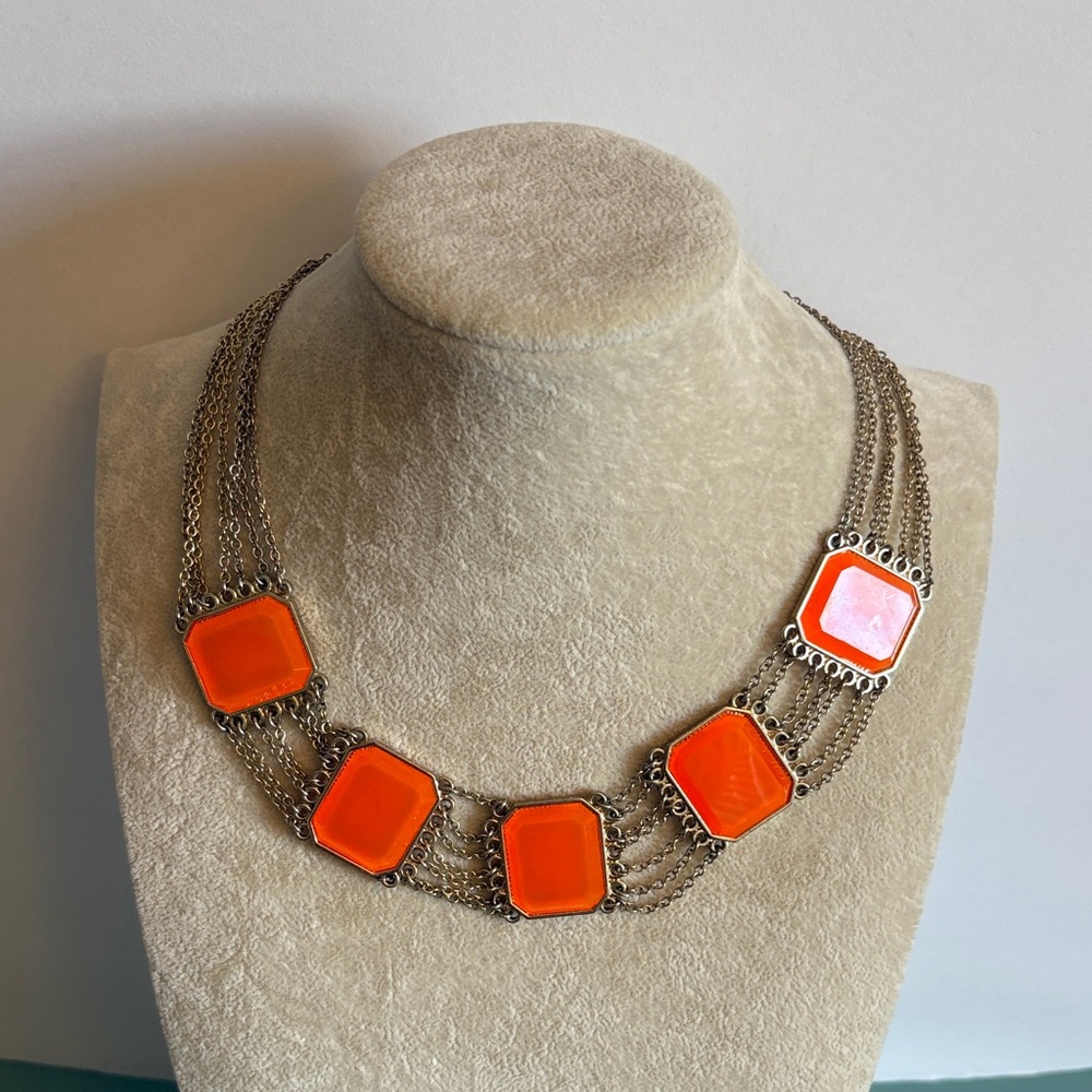 Retro Mod Orange Lucite Geometric Statement Necklace Gold Tone Multi Chain - Picture 2 of 5